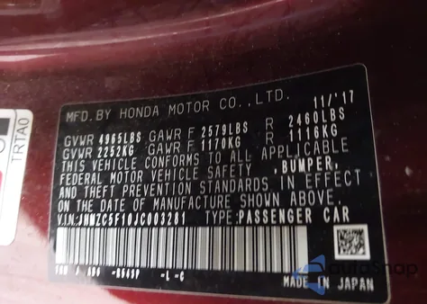 2018 Honda Clarity Plug-In Hybrid z USA, uszkodzony, nr VIN JHMZC5F10JC003281